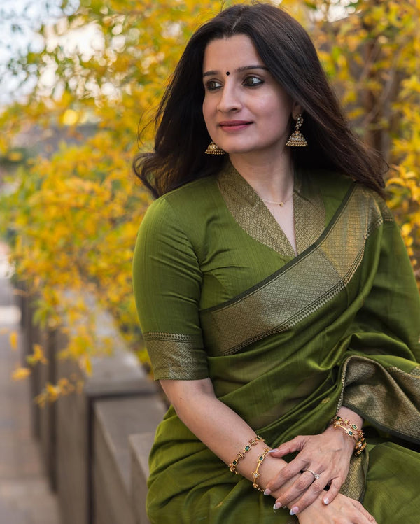 Meher Olive Green Banarasi Woven Silk Saree