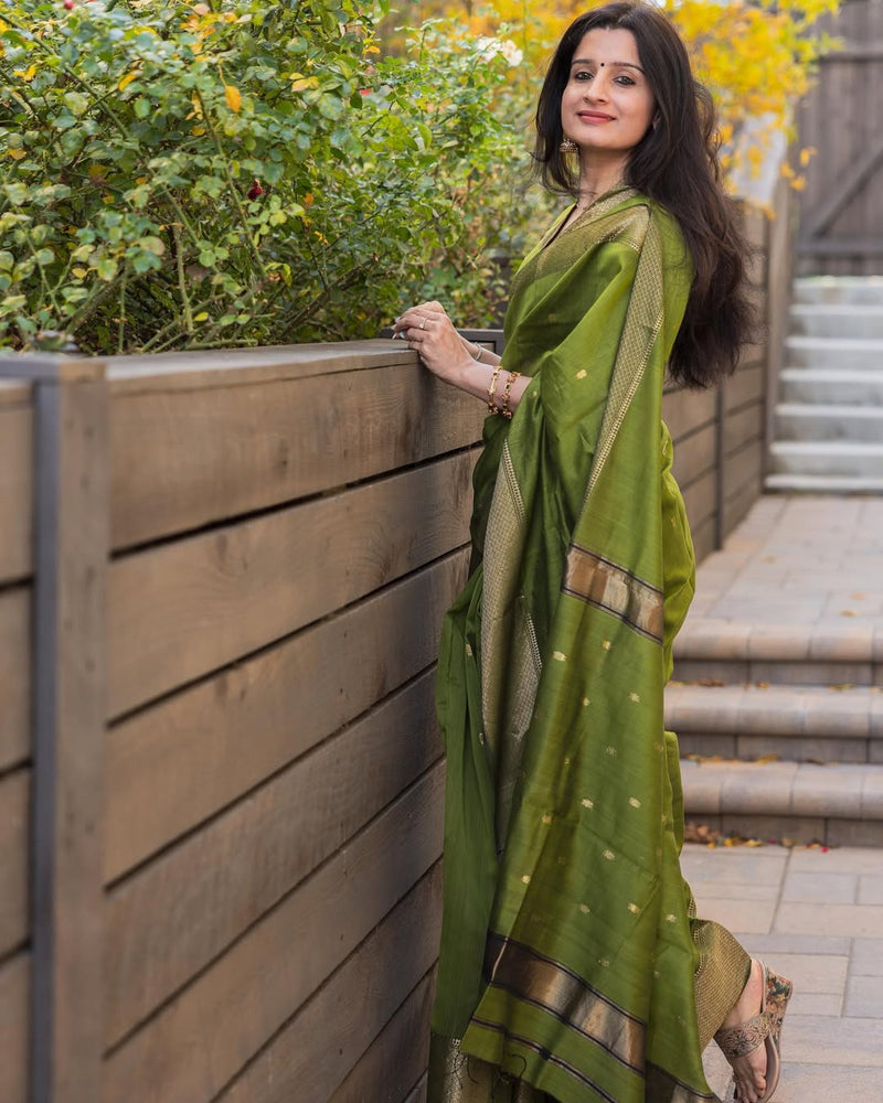 Meher Olive Green Banarasi Woven Silk Saree