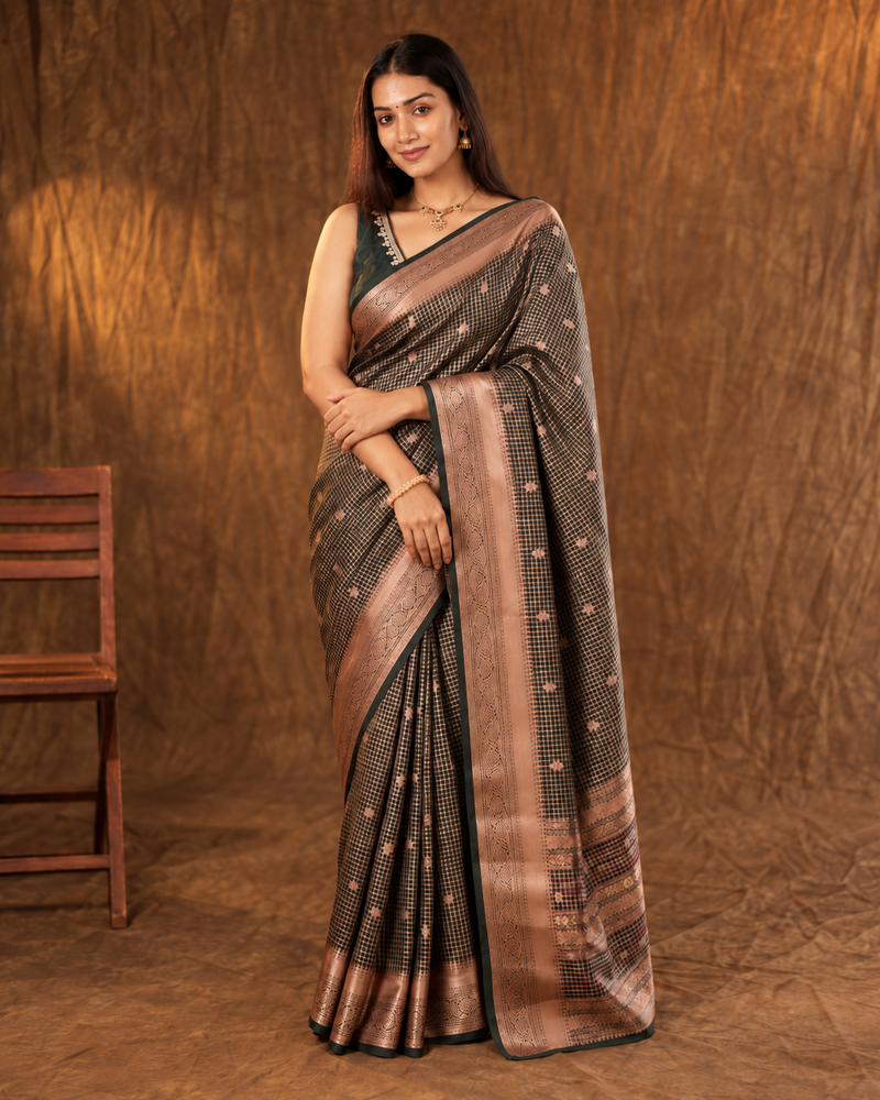 Aaranya Black & Rose Gold Banarasi Silk Saree