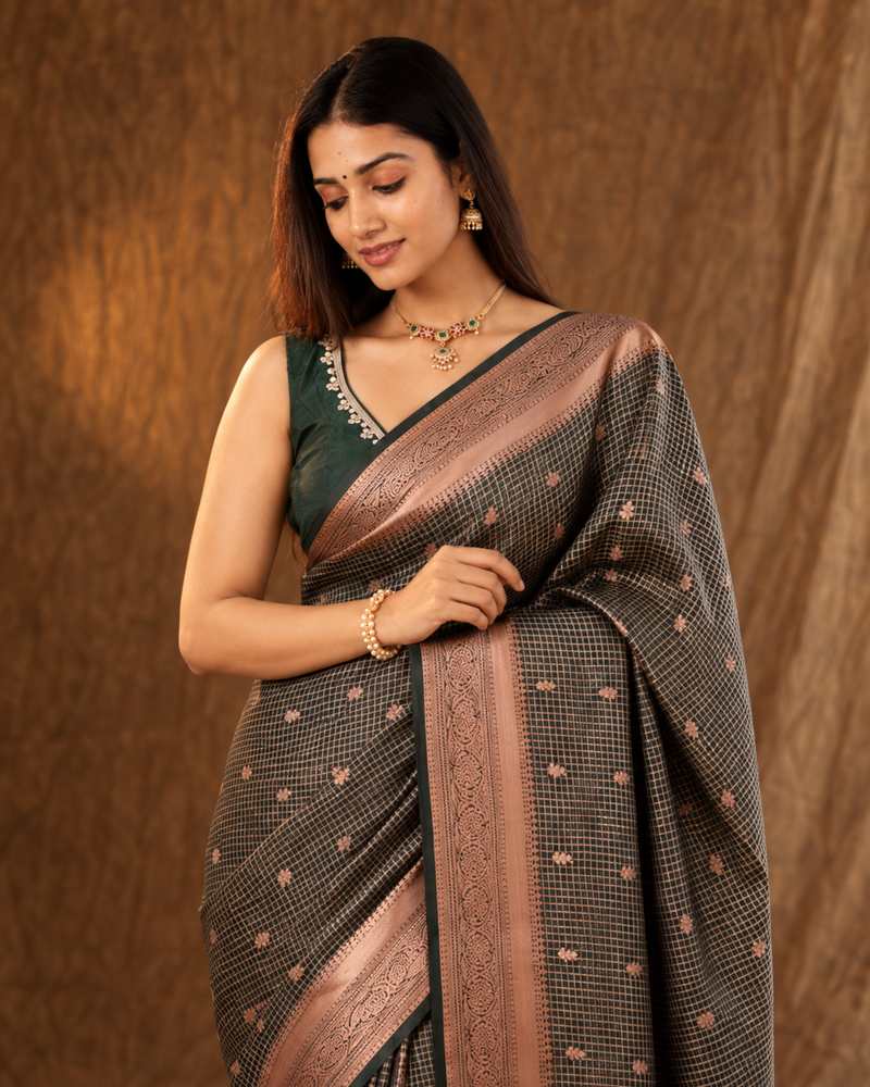 Aaranya Black & Rose Gold Banarasi Silk Saree