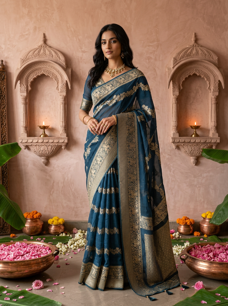 Woman in a blue saree with gold patterns standing in a decorated indoor setting.